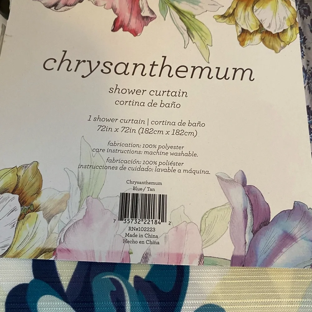 Chrysanthemum Blue yellow and white fabric shower curtain. New in package.72x72